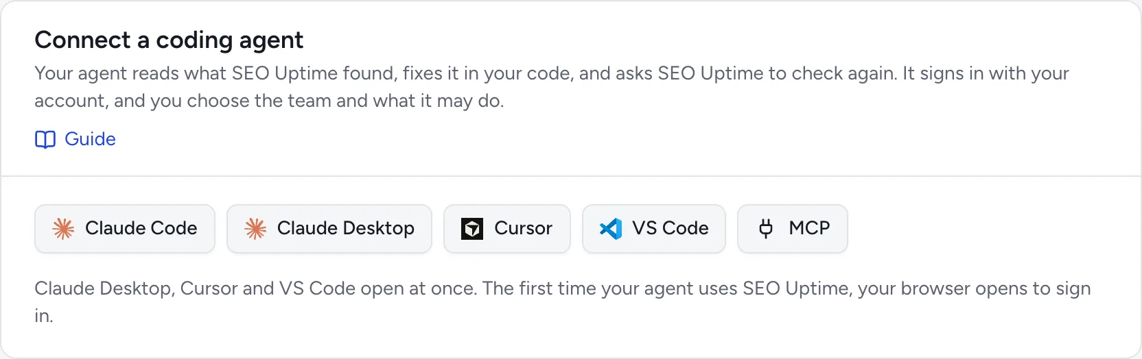 The Connect a coding agent panel under Your account, with a button for each coding agent.