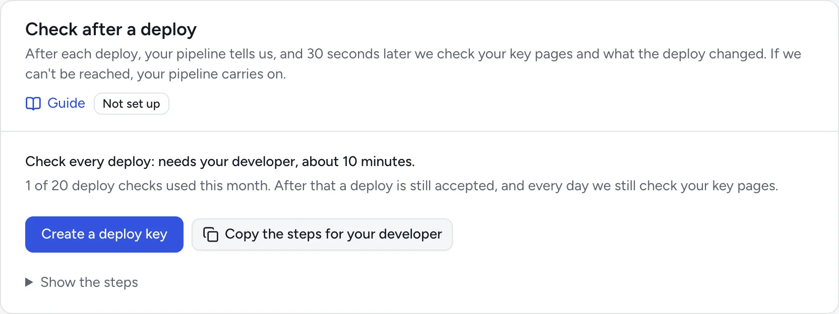 The Check after a deploy panel under Settings, Connections, with Create a deploy key and Copy the steps for your developer.