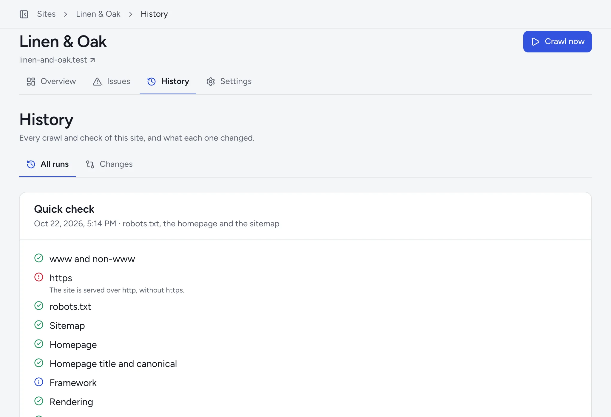The History tab, listing a deploy check that found new issues, and the crawls before it.