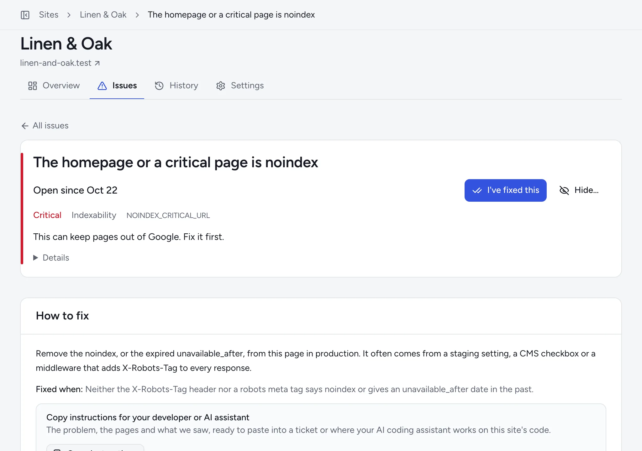 One issue's page: its title, since when it is open, the main action, and what is wrong in plain words.