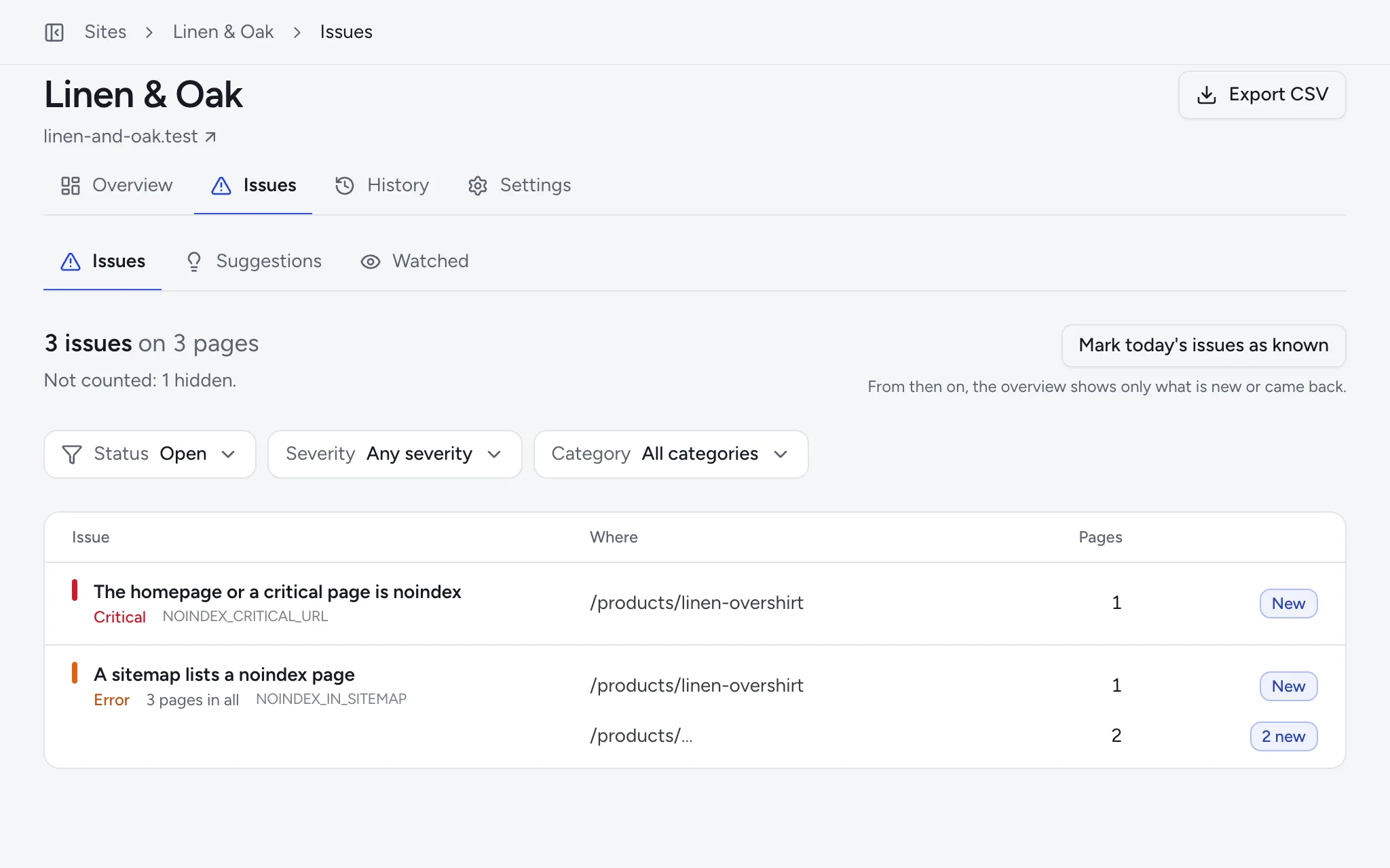The Issues tab: the switch between issues, suggestions and watched, the filters, and the open issues with their severity and pages.