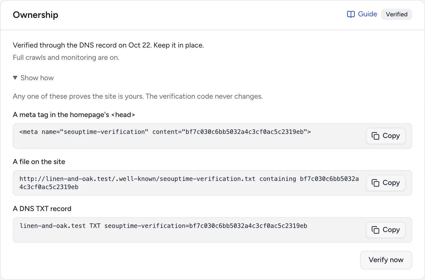 The Ownership panel under Settings, Setup, with Show how open: a meta tag, a file and a DNS record, each with a Copy button, and Verify now.