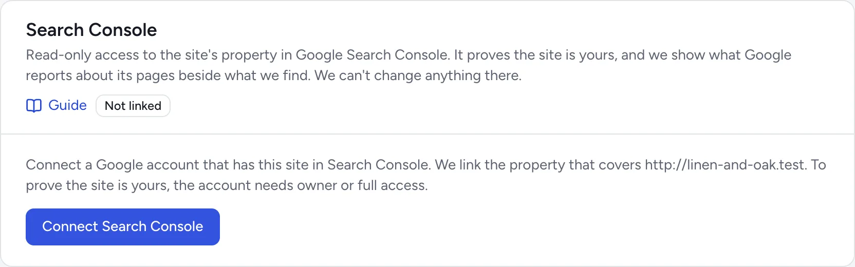 The Search Console panel under Settings, Connections, before a Google account is connected.