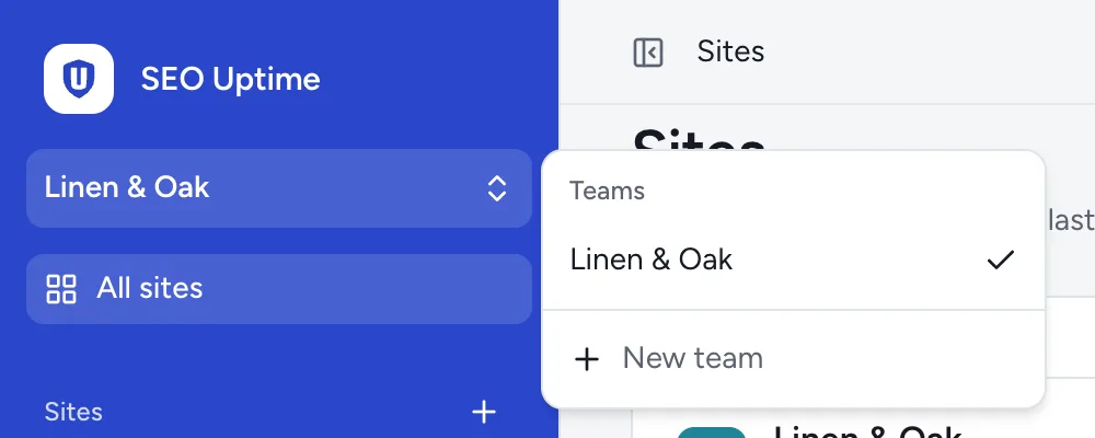 The team menu at the top of the dashboard's sidebar, open: the teams you are in, and New team.