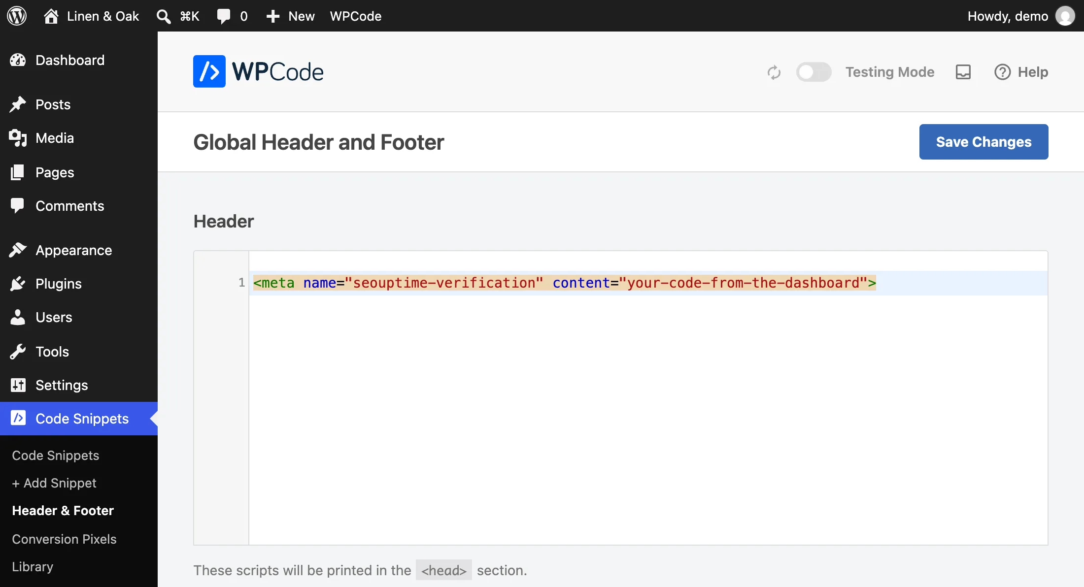 WordPress admin, Code Snippets, Header & Footer: the verification meta tag pasted into the Header box, with Save Changes at the top right.